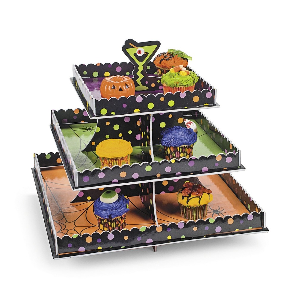 Halloween‎ 3-Tier Cupcake Stand Polka Dot Spider Web Dessert Tower Party Server
